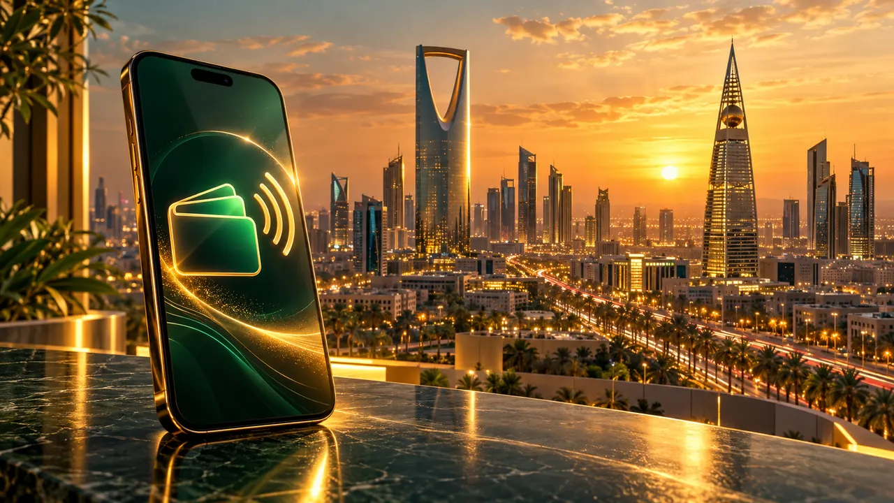 أفق مدينة الرياض عند الغروب وهاتف ذكي يعرض محفظة دفع